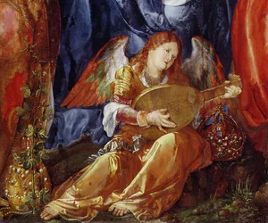 The Feast of the Rose Guirlands, detalje af englemusikeren, 1506 (detalje af 157023)